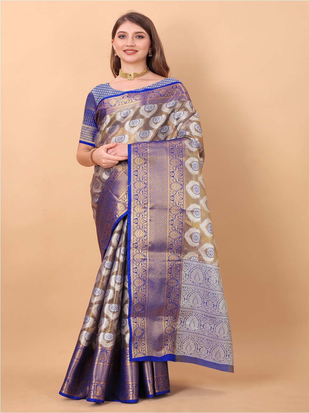 

MOKSHA DESIGNS Ethnic Motifs Woven Design Zari Pure Silk Banarasi Saree, Navy blue