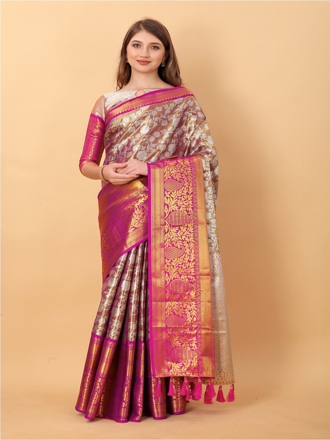 

MOKSHA DESIGNS Ethnic Motifs Woven Design Zari Pure Silk Banarasi Saree, Purple