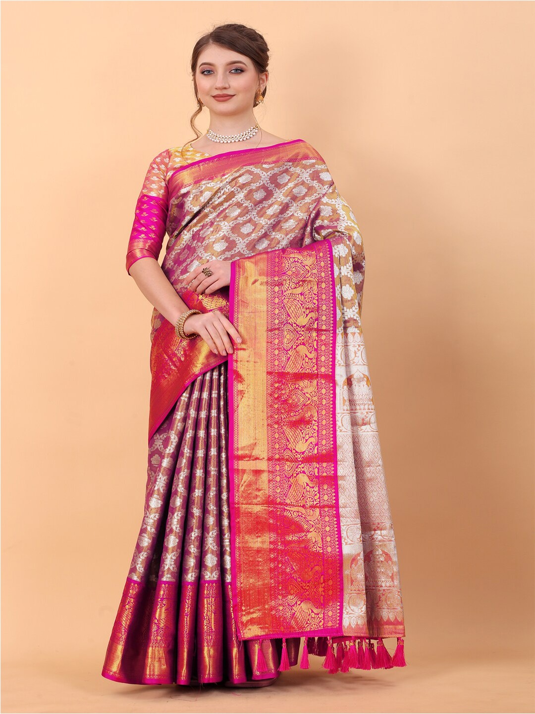 

MOKSHA DESIGNS Woven Design Zari Detailed Pure Silk Banarasi Saree, Purple
