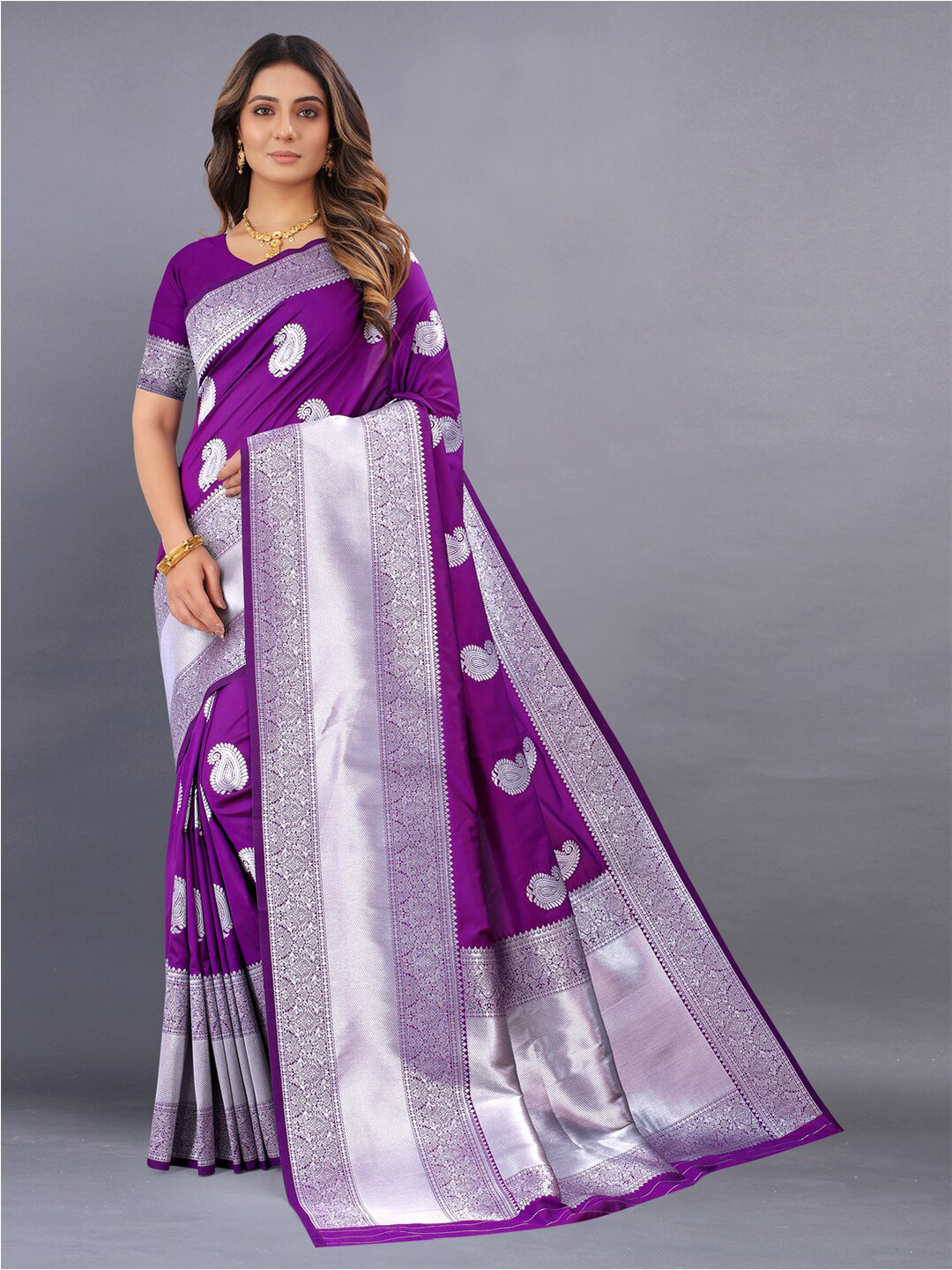 

MOKSHA DESIGNS Woven Design Zari Pure Silk Kanjeevaram Saree, Purple