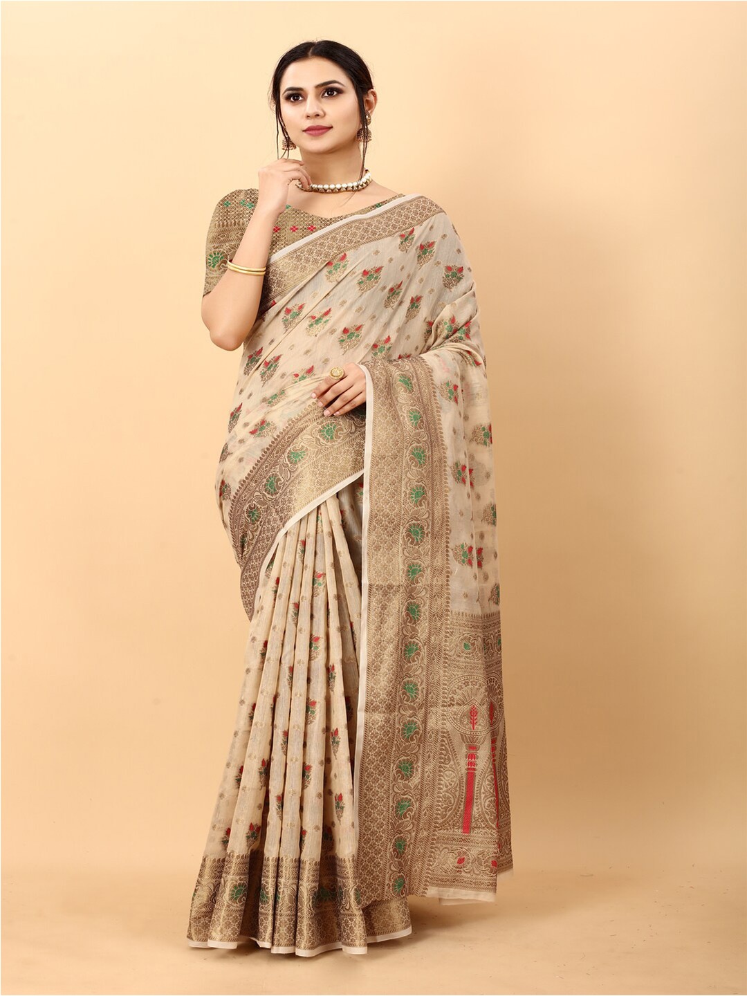 

MOKSHA DESIGNS Ethnic Motifs Woven Design Zari Pure Silk Chanderi Saree, Brown