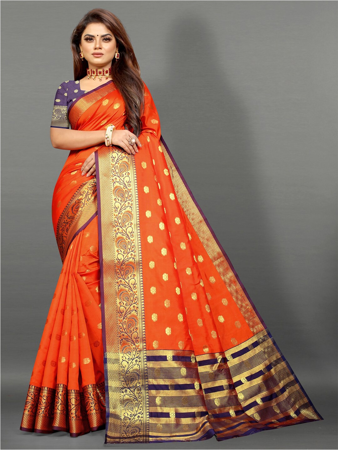 

MOKSHA DESIGNS Ethnic Motifs Woven Design Zari Pure Silk Kanjeevaram Saree, Orange