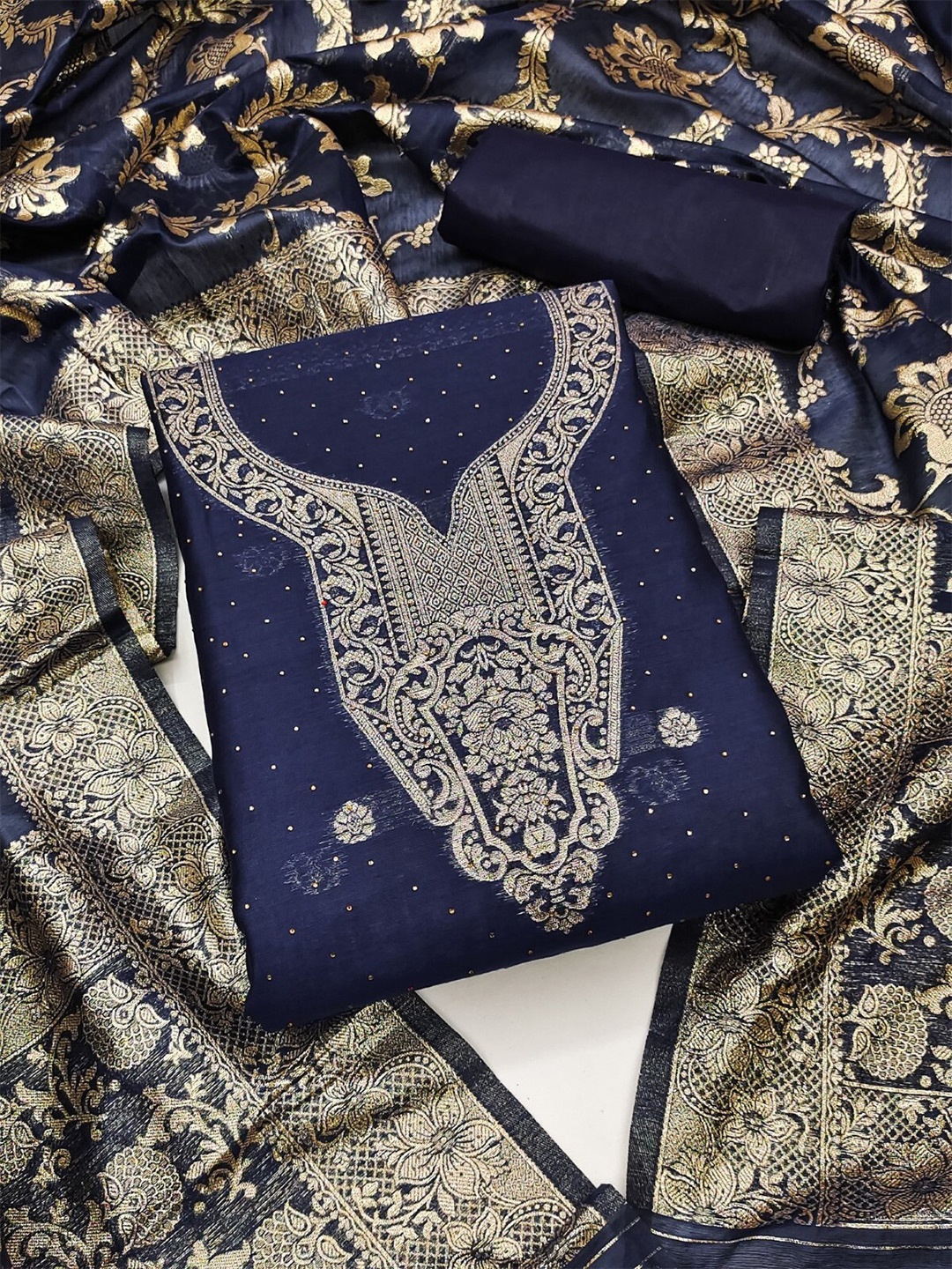 

KALINI Ethnic Motifs Woven Design Unstitched Dress Material, Blue