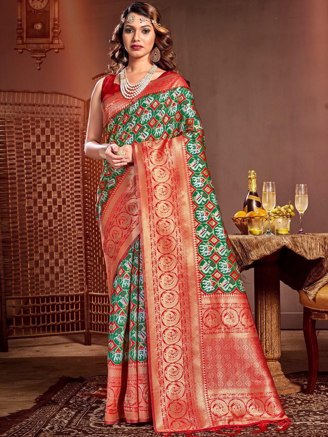 

Mitera Green & Red Ethnic Motifs Woven Design Zari Pure Silk Patola Saree