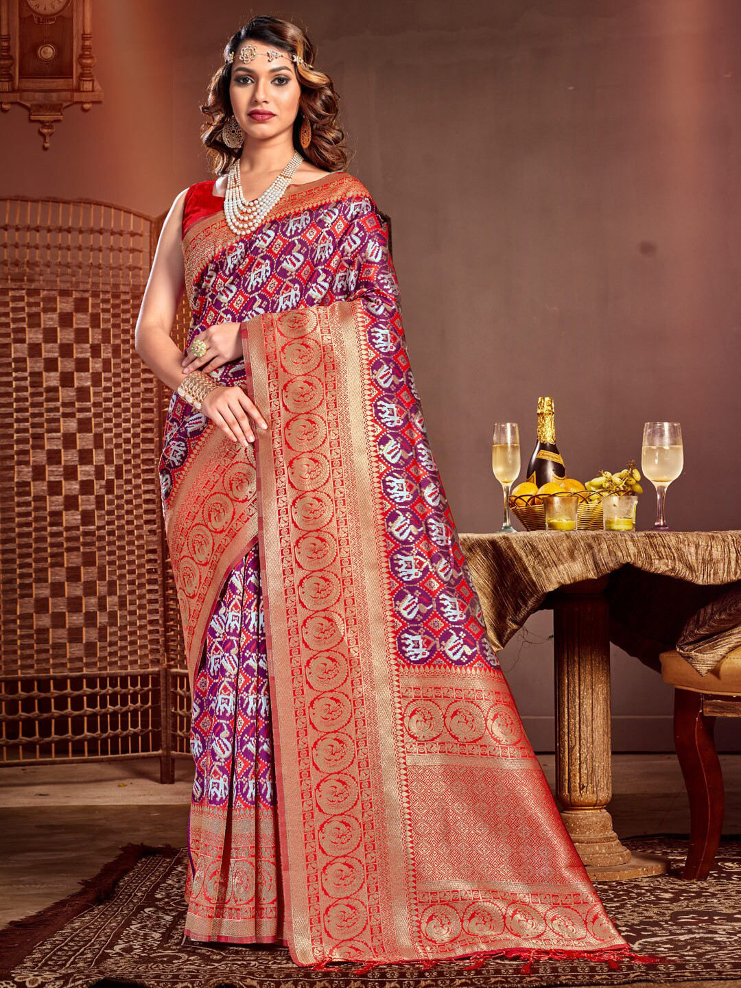 

Mitera Woven Design Zari Pure Silk Patola Saree, Purple