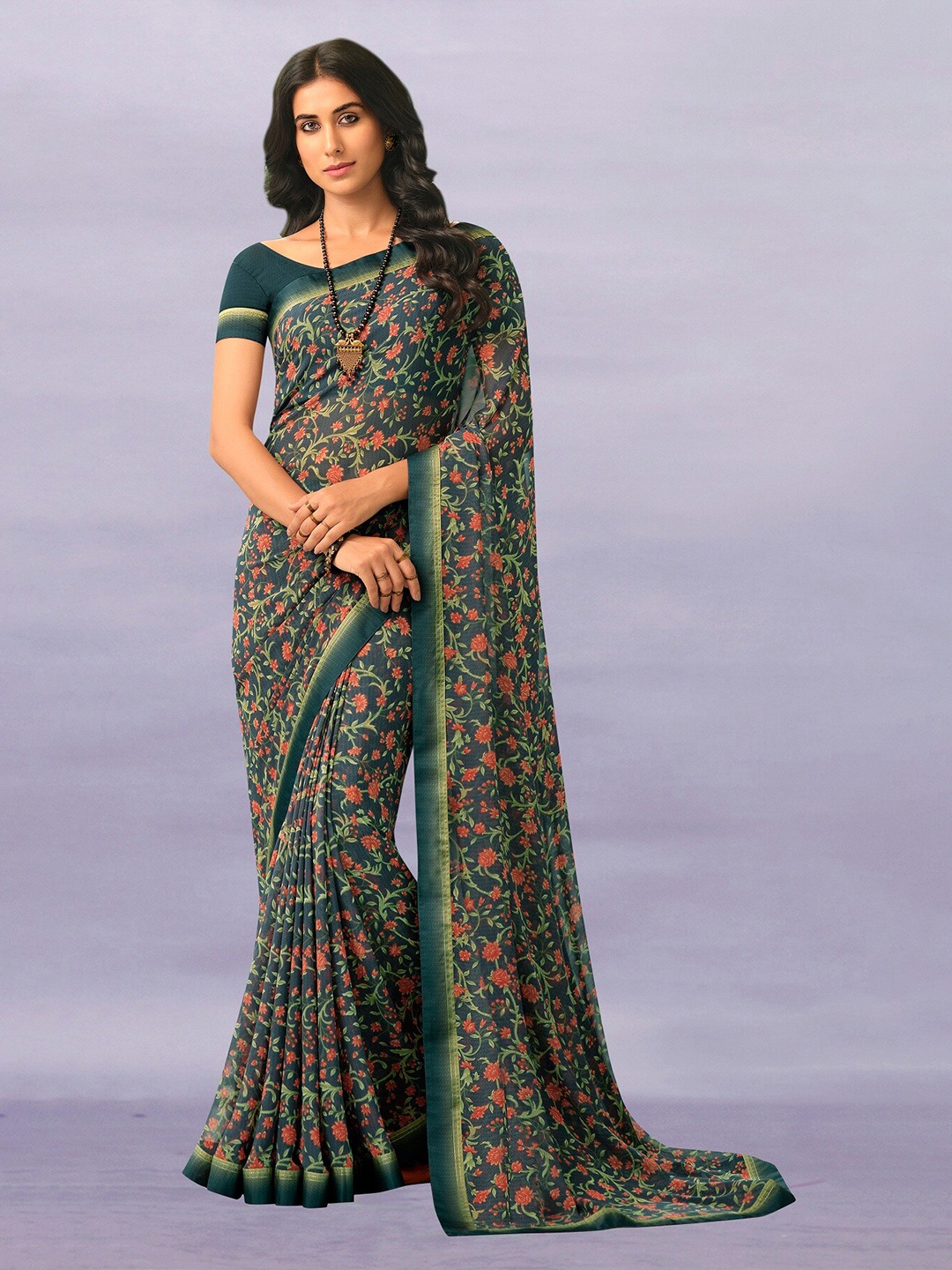 

KALINI Floral Printed Pure Georgette Saree, Green