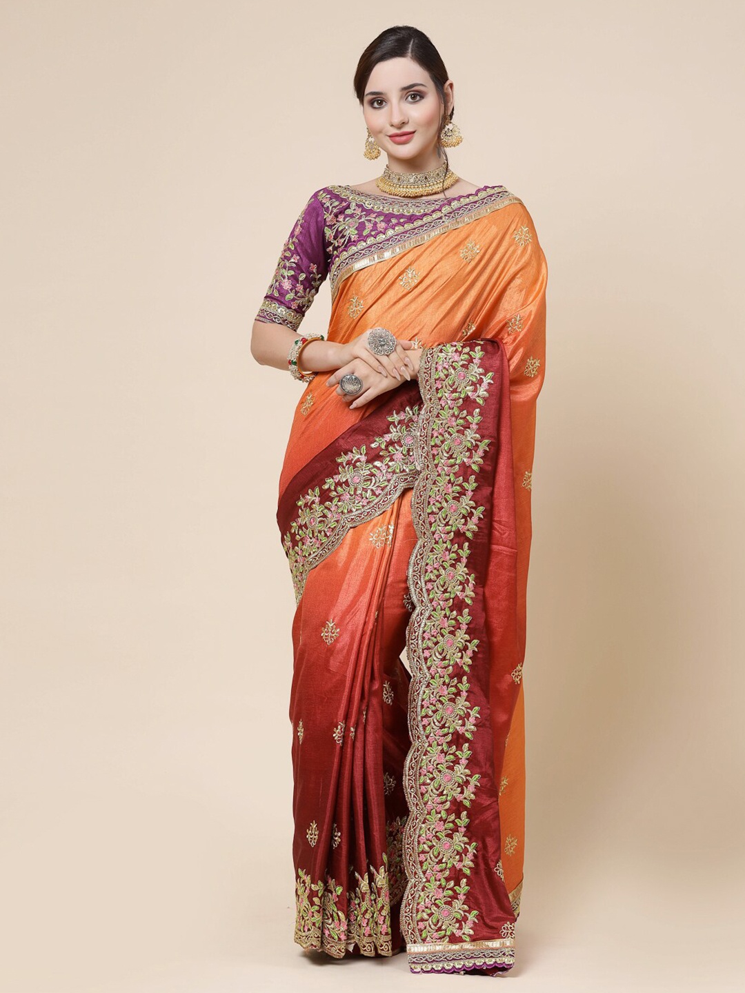 

KALINI Floral Embroidered Gotta Patti Pure Silk Saree, Orange