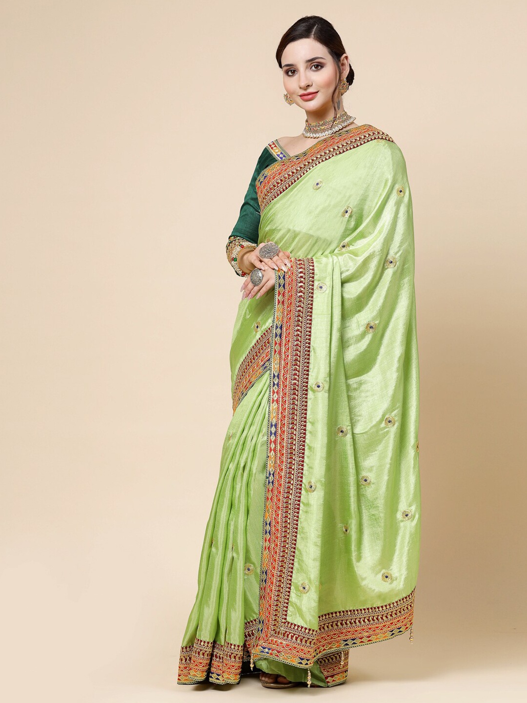 

KALINI Ethnic Motifs Embroidered Pure Silk Saree, Green
