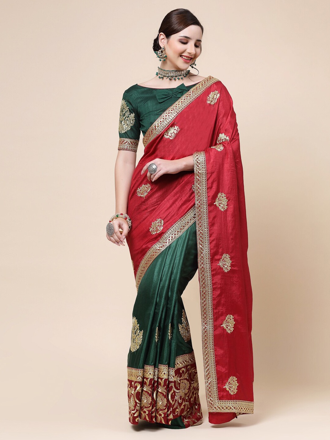 

KALINI Ethnic Motifs Embroidered Pure Silk Saree, Red