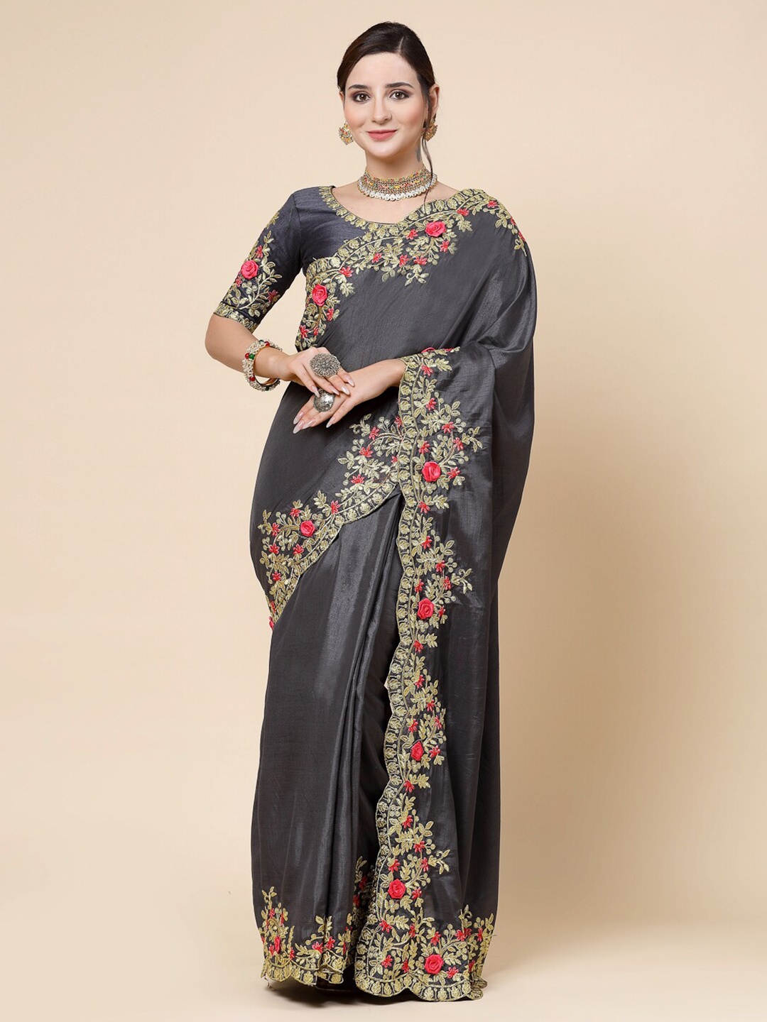 

KALINI Floral Embroidered Pure Silk Saree, Grey