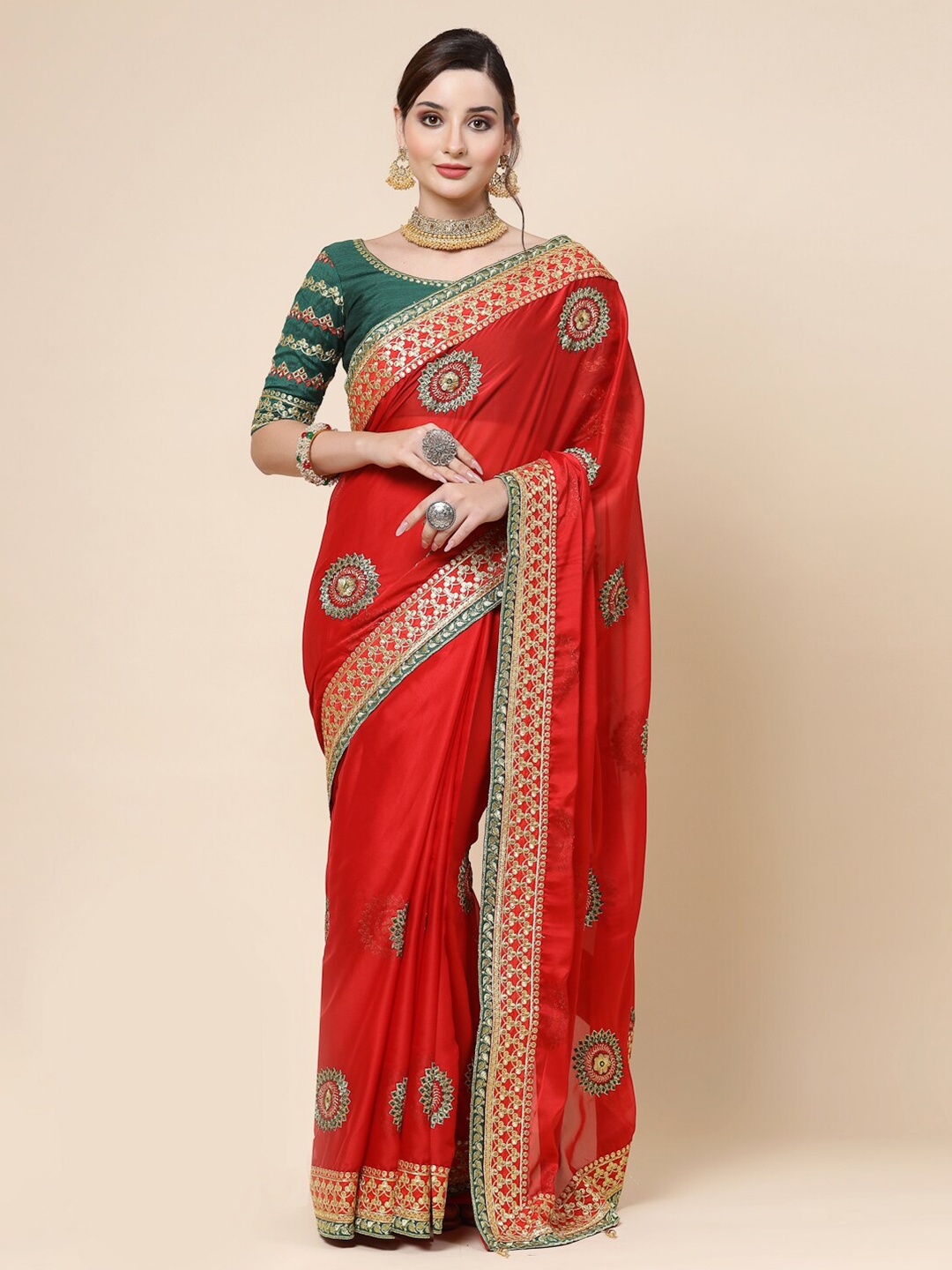 

KALINI Ethnic Motifs Embroidered Pure Silk Saree, Red