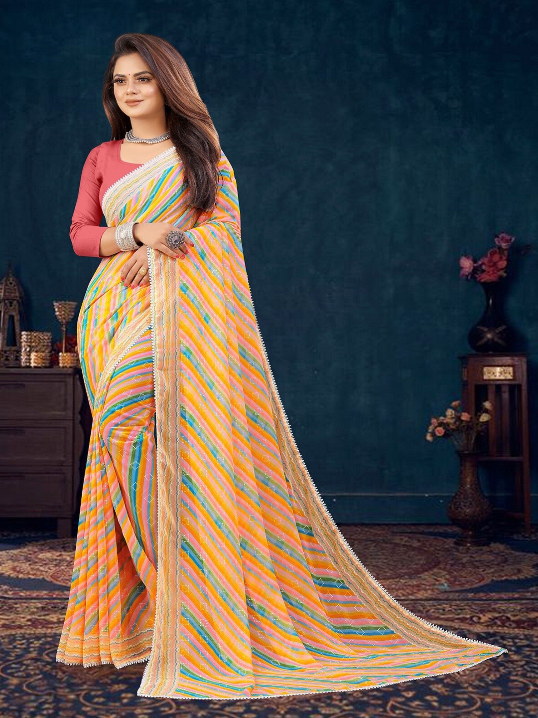 

KALINI Leheriya Printed Gotta Patti detailed Saree, Orange