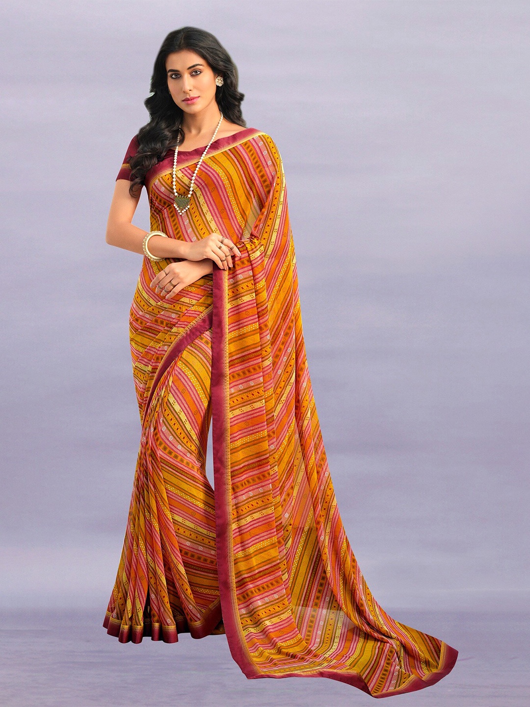 

KALINI Striped Printed Pure Georgette Saree, Orange