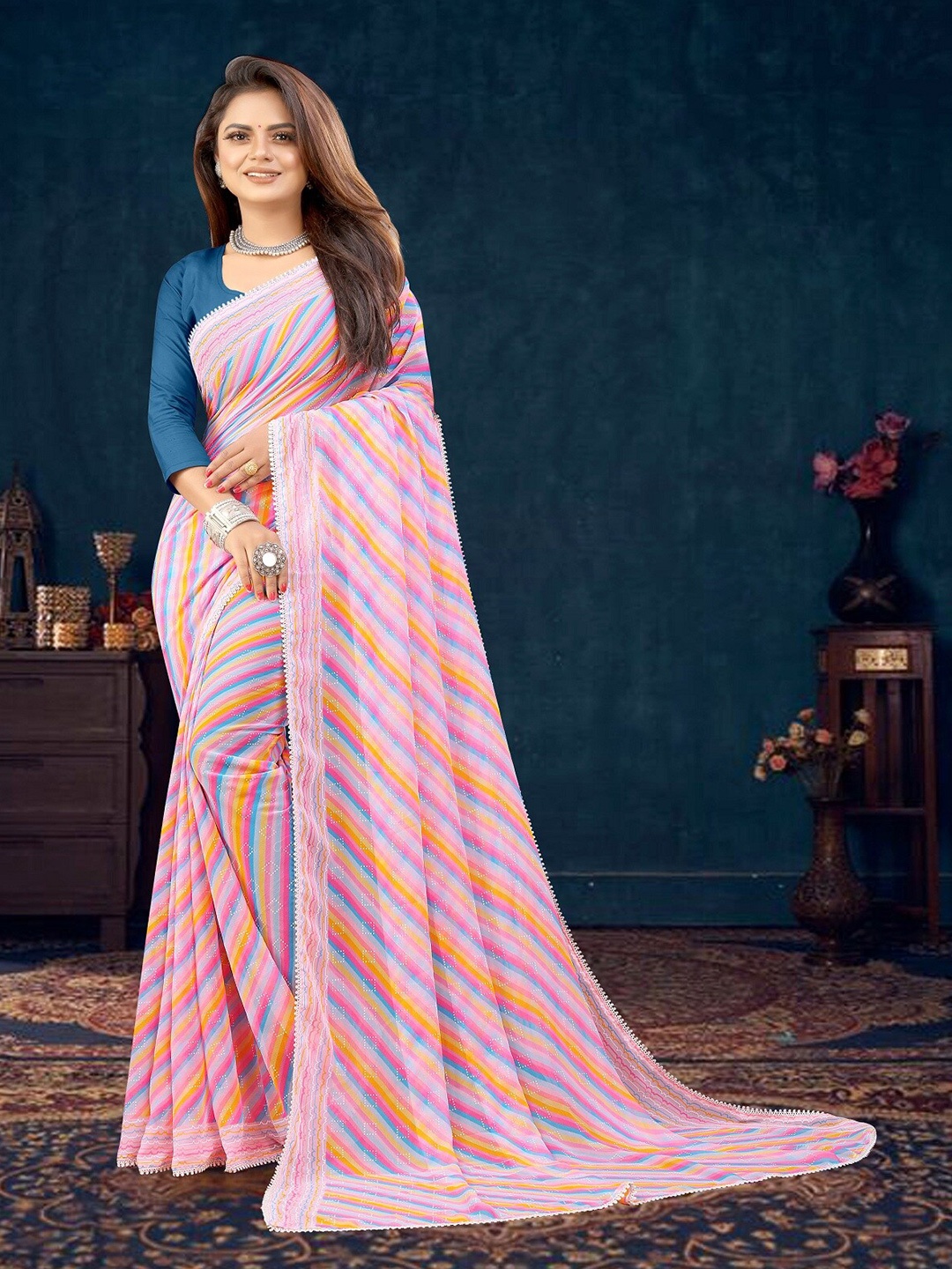 

KALINI Striped Pure Georgette Saree, Pink