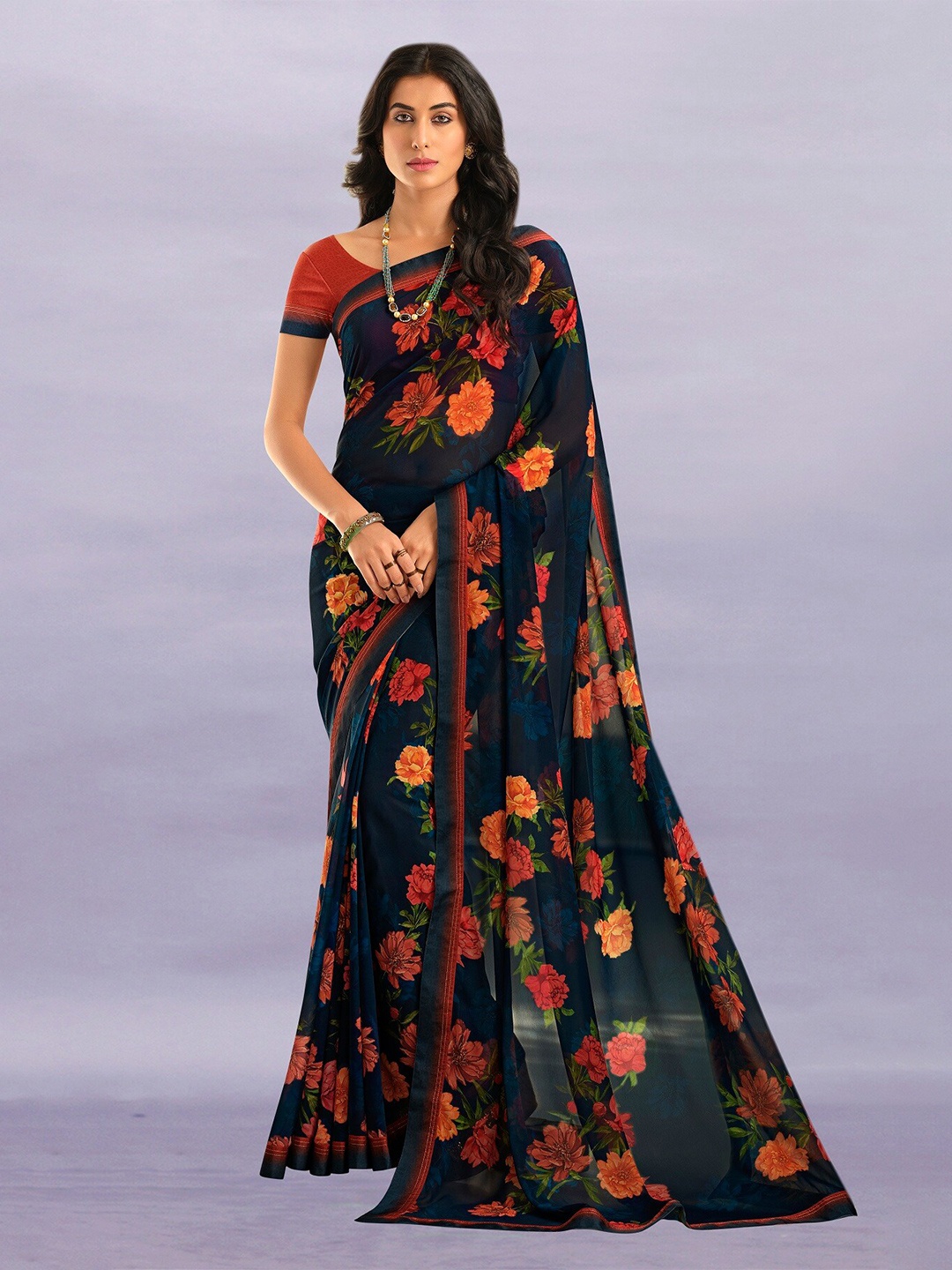 

KALINI Floral Printed Pure Georgette Saree, Blue