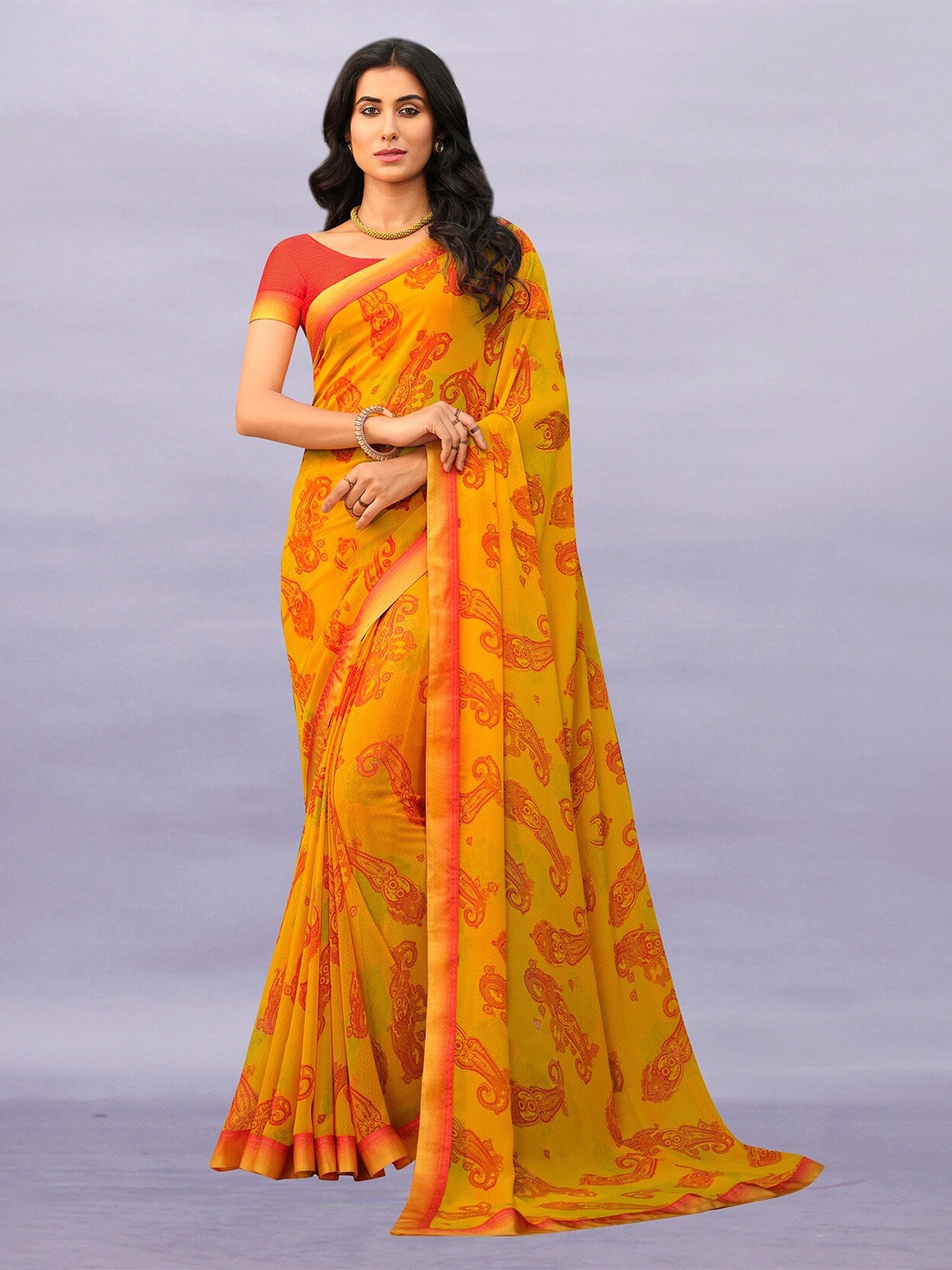 

KALINI Paisley Printed Pure Georgette Saree, Yellow