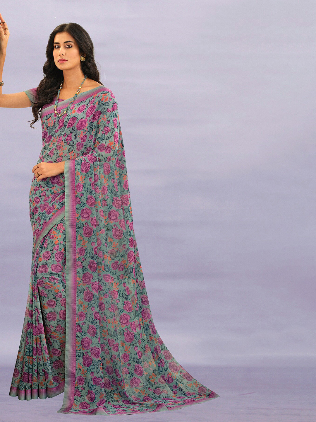 

KALINI Floral Pure Georgette Saree, Grey