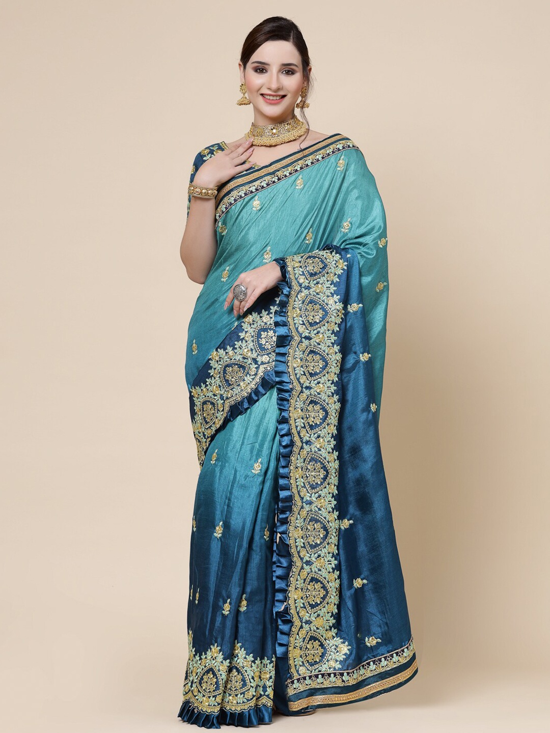 

KALINI Ethnic Motifs Embroidered Pure Silk Saree, Blue