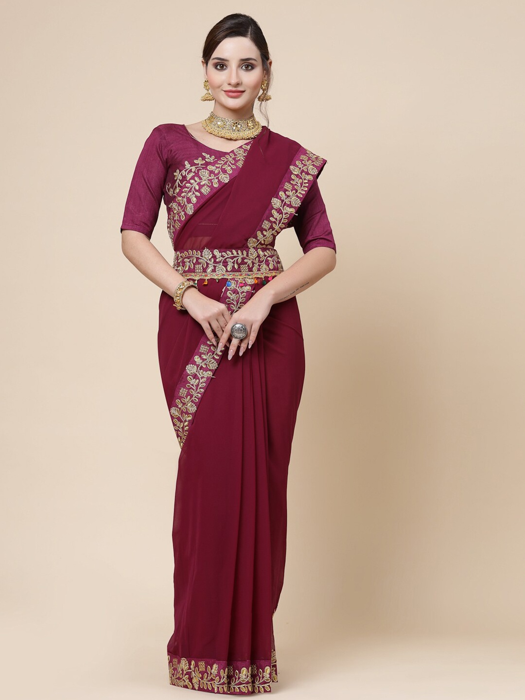 

KALINI Embroidered Pure Georgette Saree, Purple