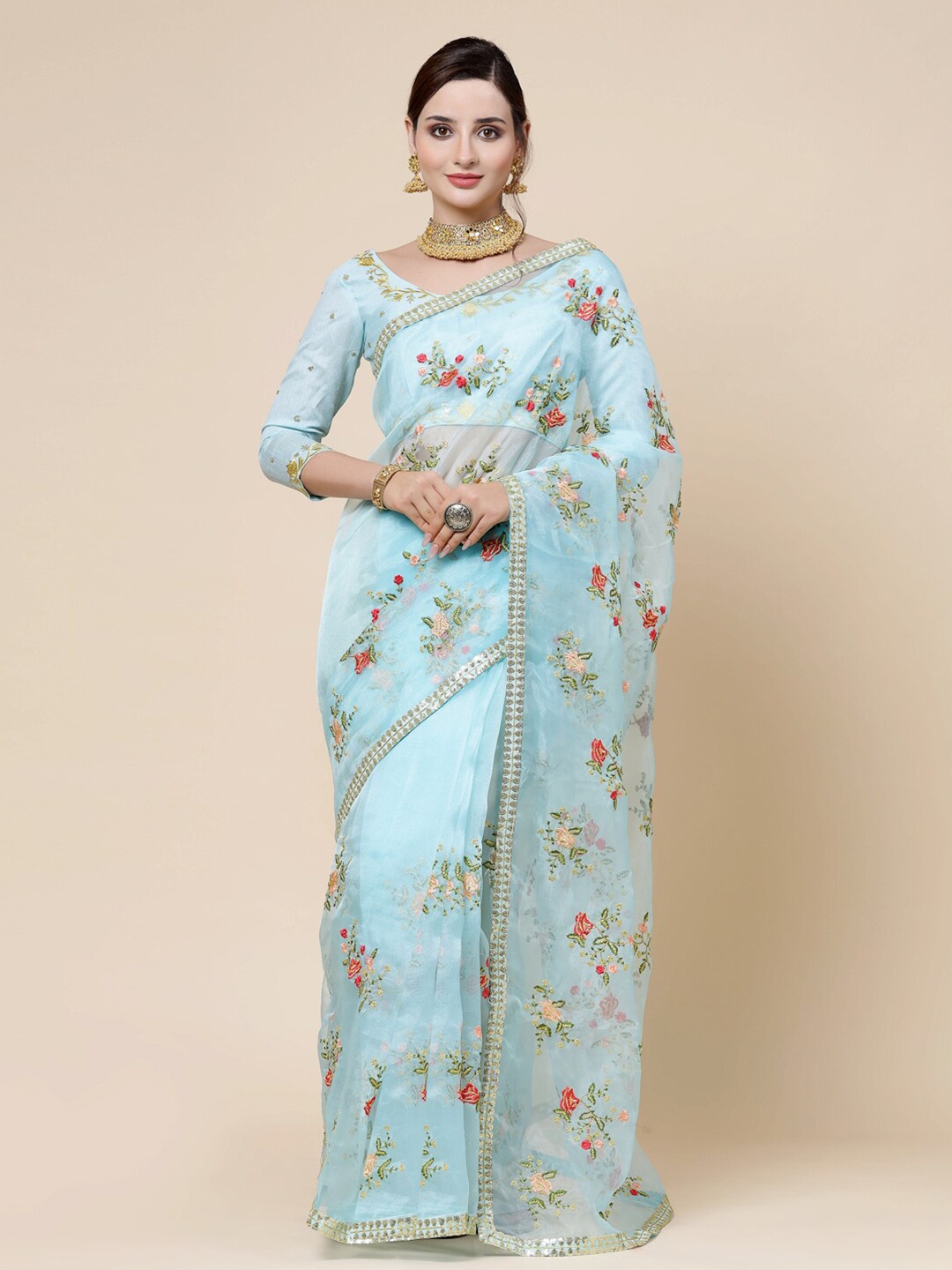 

KALINI Floral Embroidered Organza Saree, Blue