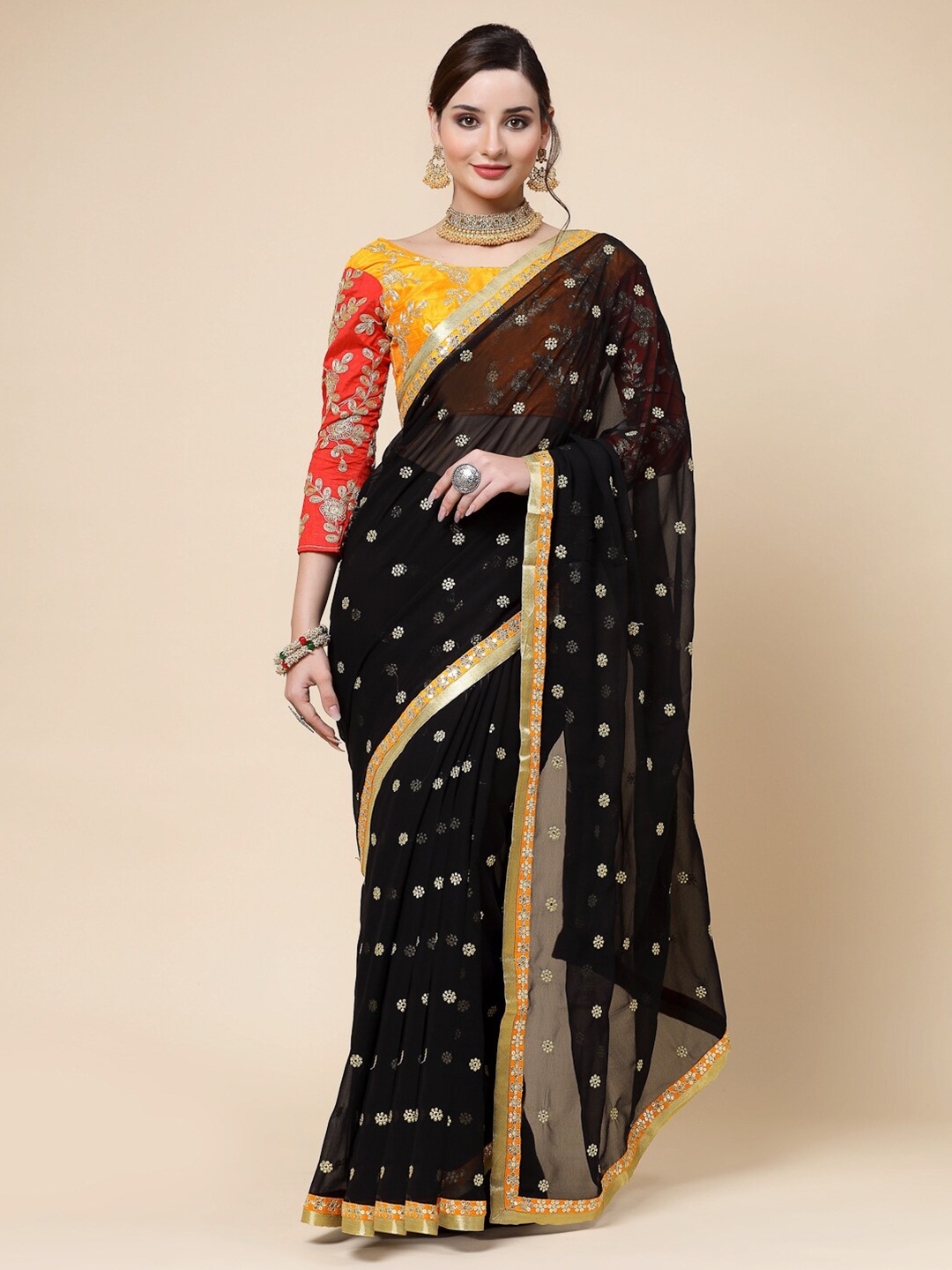 

KALINI Floral Embroidered Pure Georgette Saree, Black