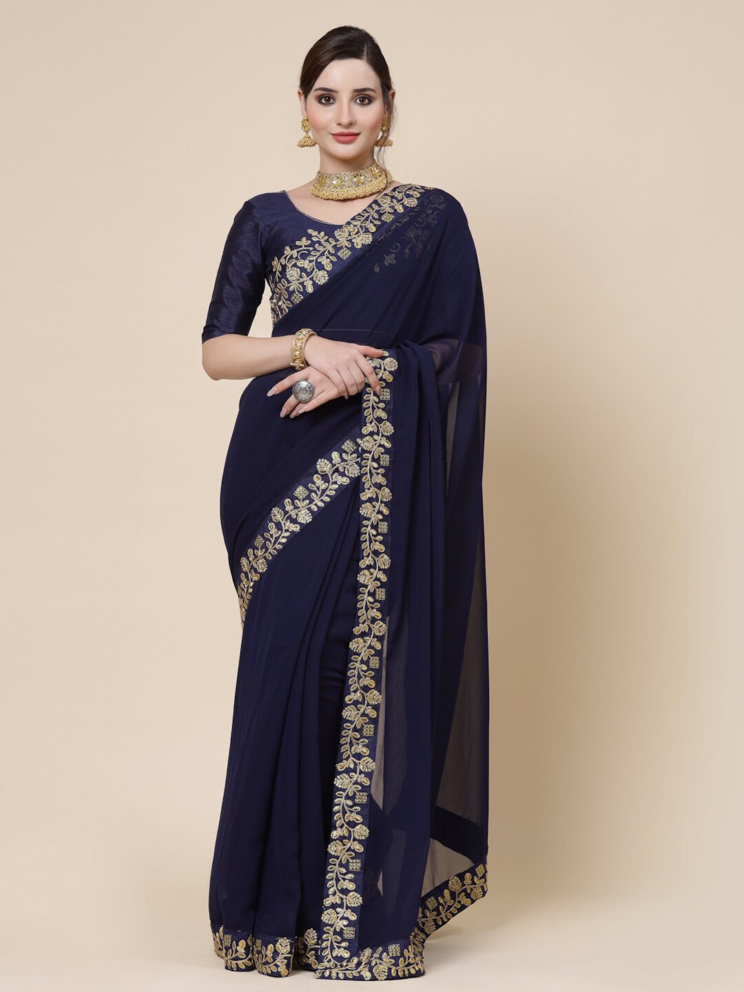 

KALINI Embroidered border Pure Georgette Saree, Blue