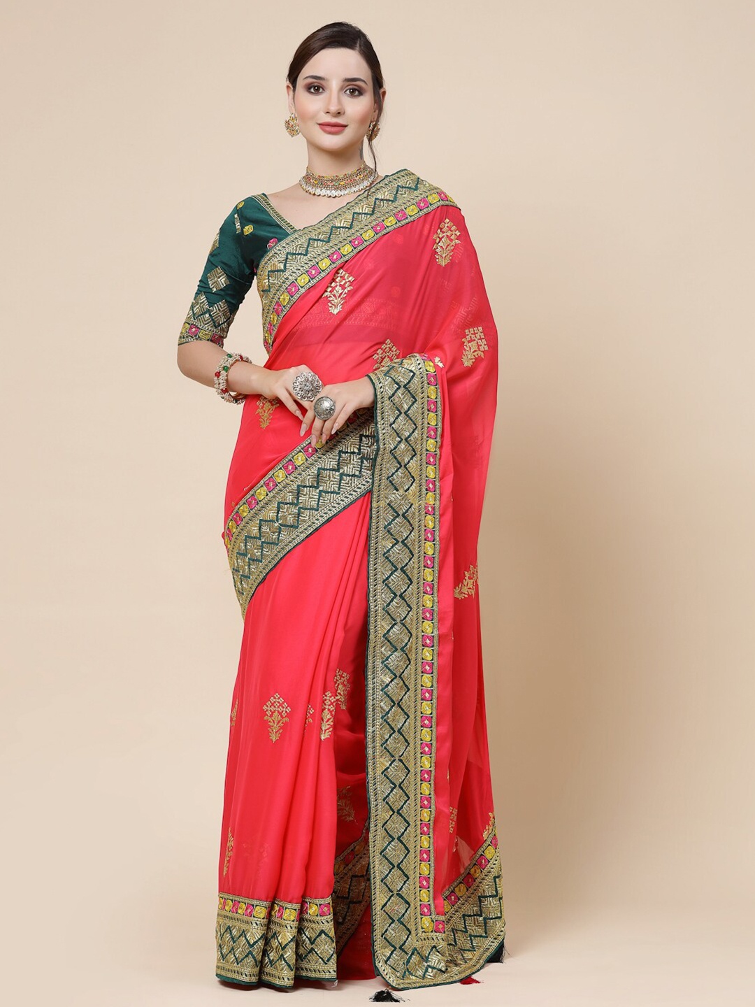 

KALINI Ethnic Motifs Embroidered Pure Silk Saree, Pink