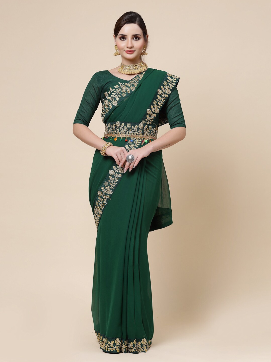 

KALINI Floral Embroidered Pure Georgette Belted Saree, Green