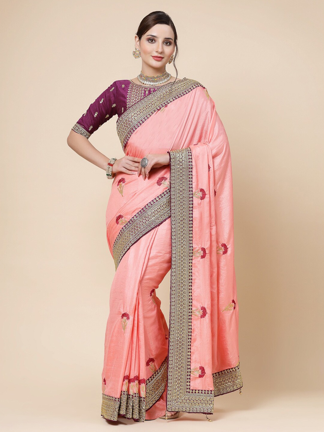 

KALINI Ethnic Motifs Embroidered Pure Silk Saree, Peach