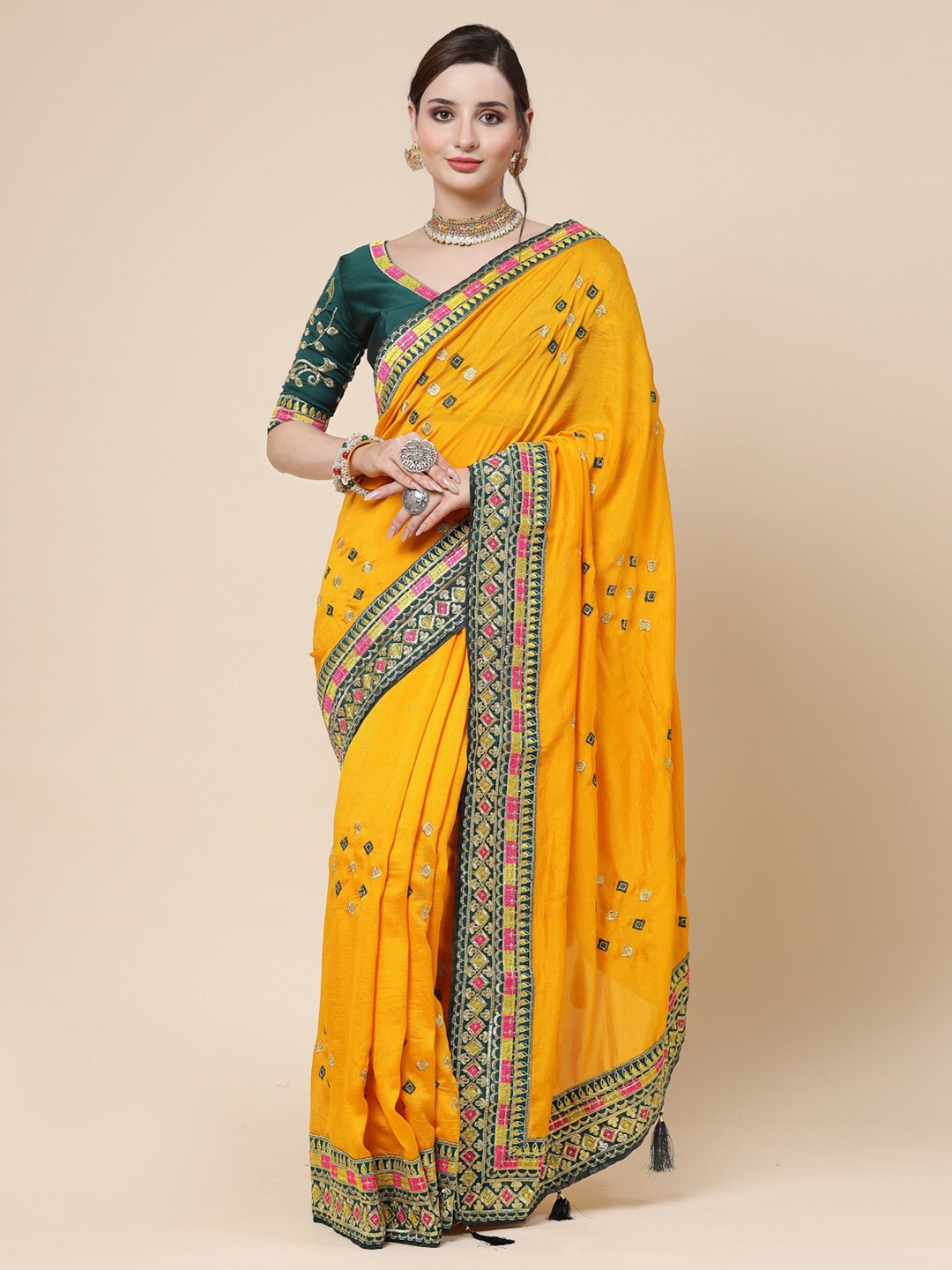 KALINI Ethnic Motifs Embroidered Pure Silk Saree, Yellow