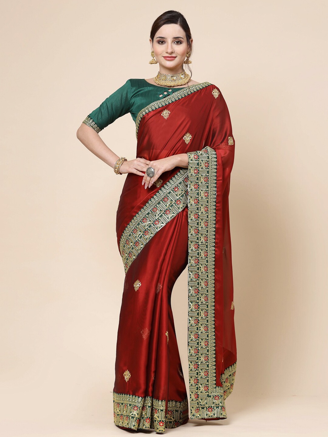 

KALINI Floral Embroidered Pure Silk Saree, Red