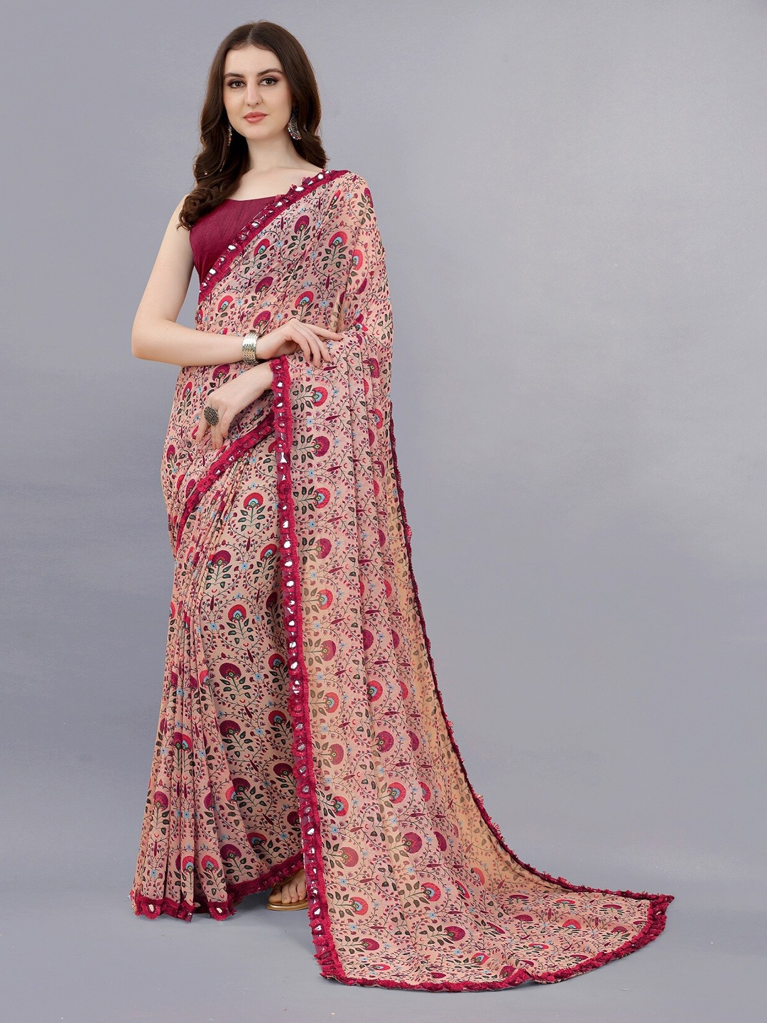 

KALINI Floral Pure Printed Georgette Saree, Peach