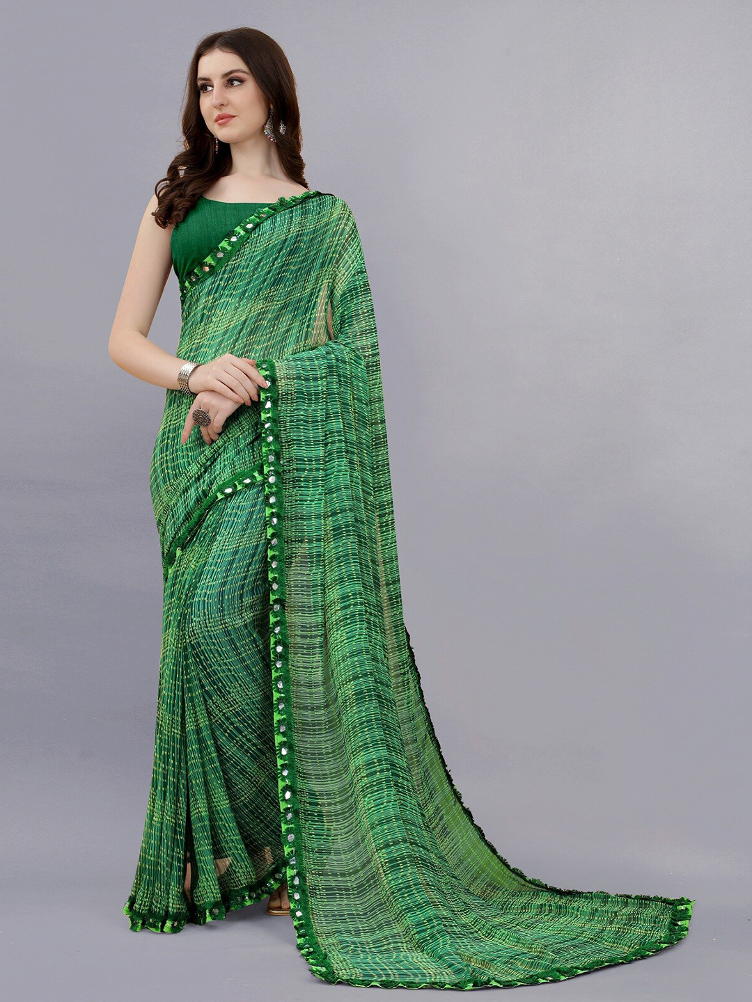 

KALINI Striped Mirror Work Pure Georgette Saree, Green