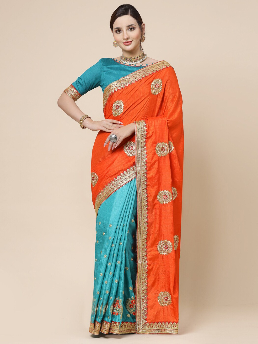 

KALINI Floral Embroidered Pure Silk Saree, Orange