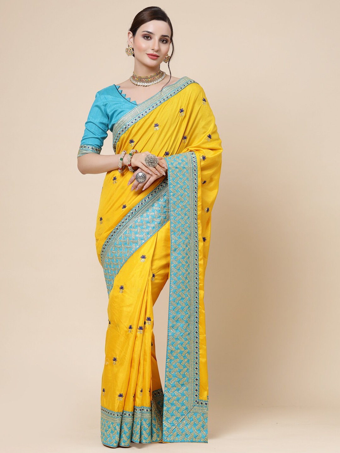 

KALINI Floral Embroidered Pure Silk Saree, Yellow