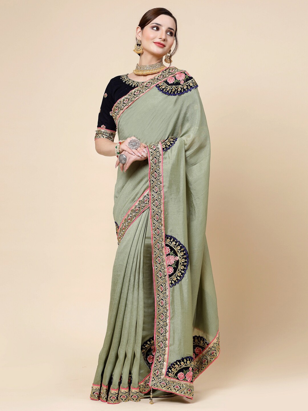 

KALINI Floral Printed Embroidered Pure Silk Saree, Olive