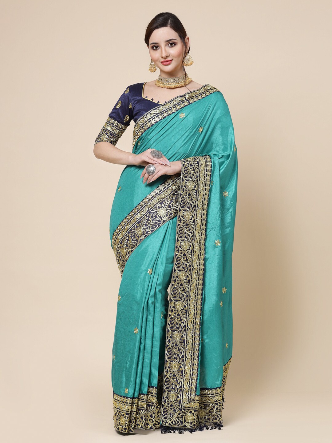 

KALINI Floral Embroidered Pure Silk Saree, Navy blue