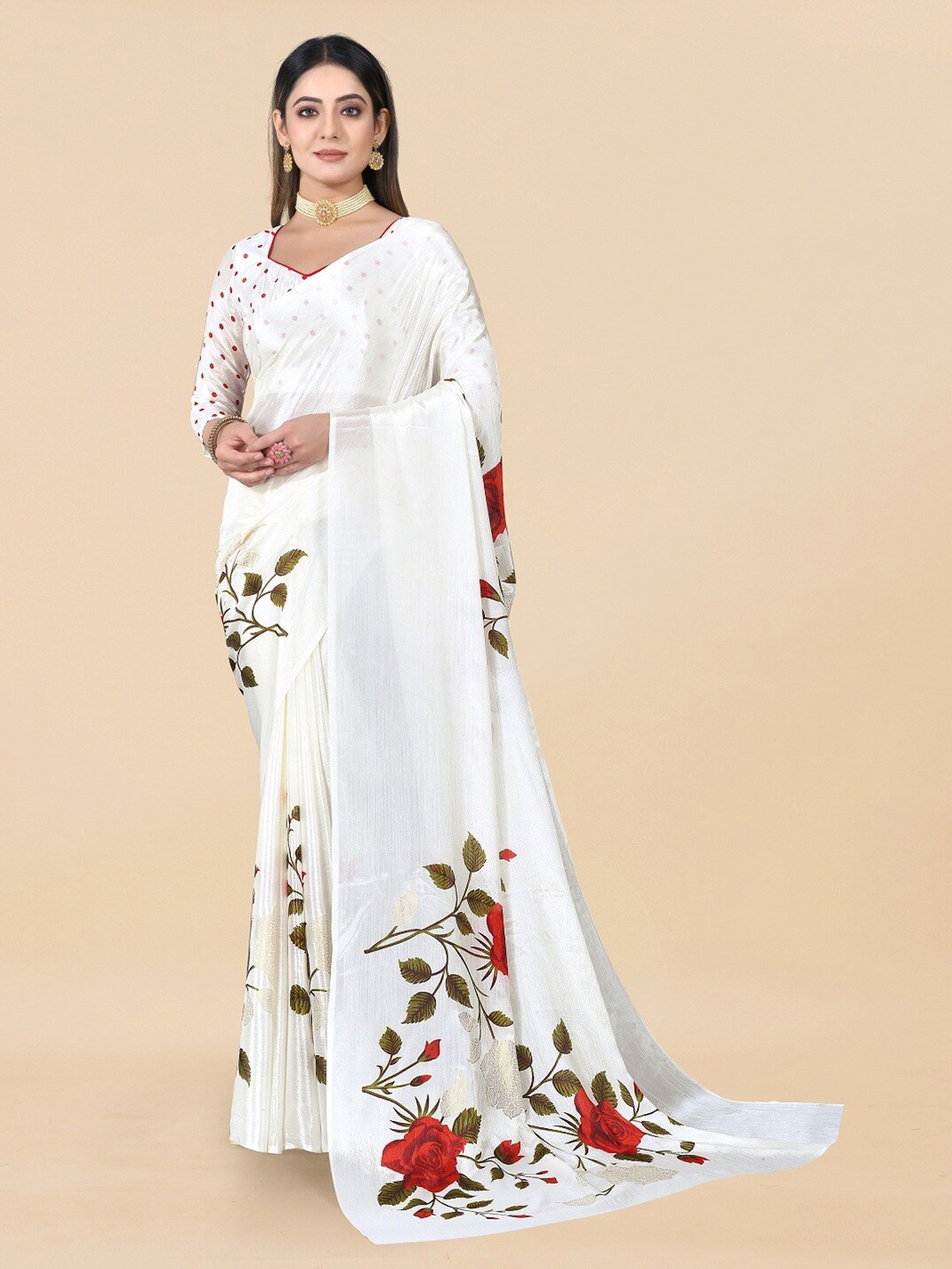 

KALINI White & Red Floral Pure Chiffon Saree