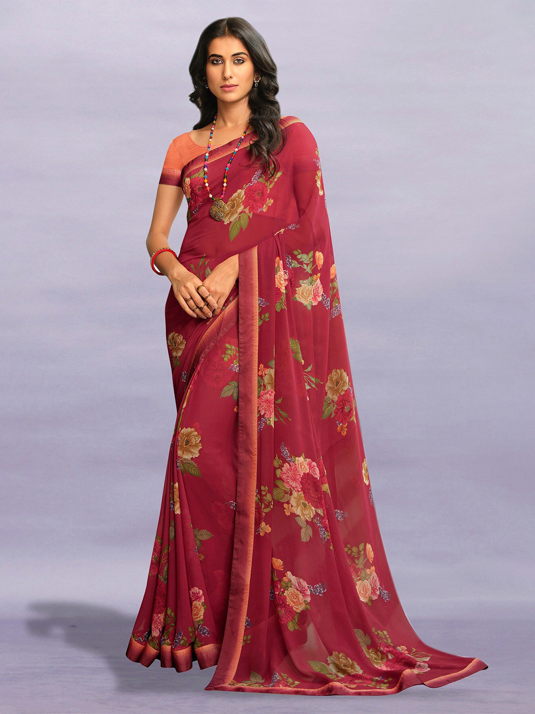 

KALINI Floral Pure Georgette Saree, Red