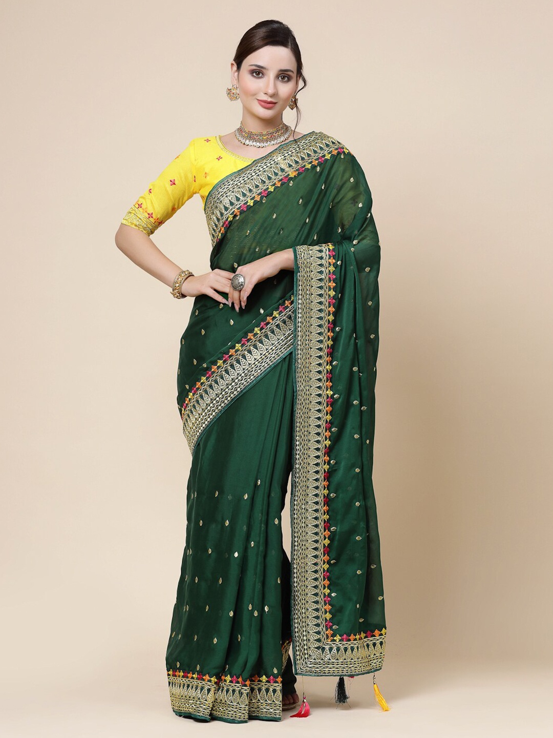 

KALINI Floral Embroidered Pure Silk Saree, Green