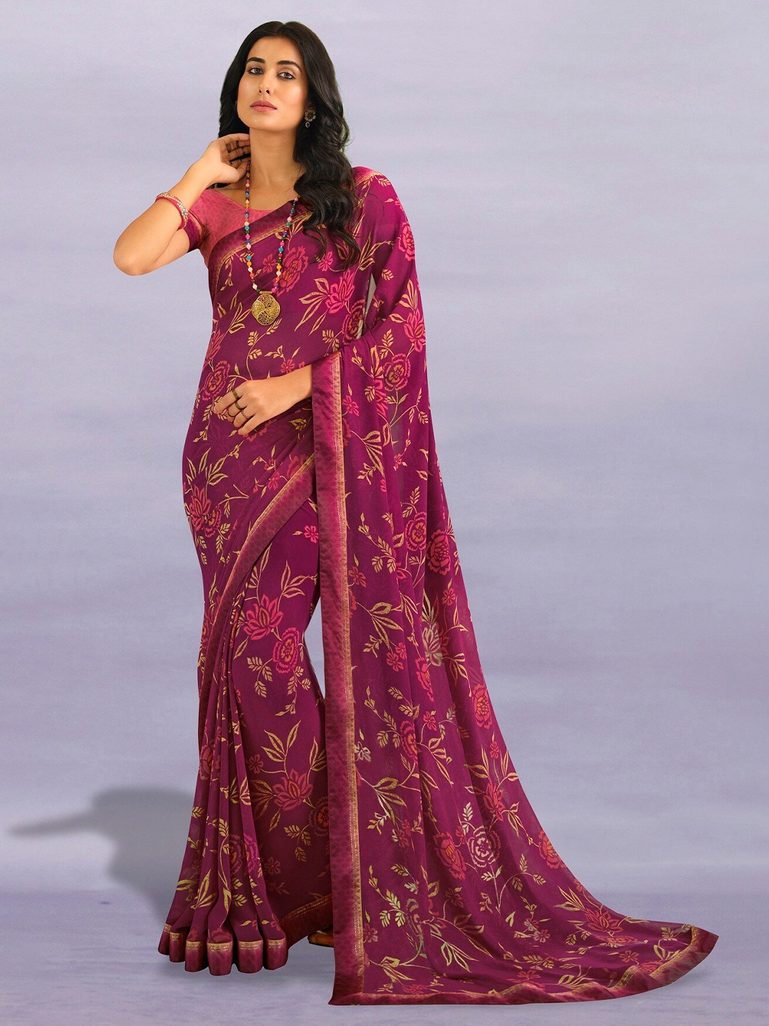 

KALINI Floral Printed Pure Georgette Saree, Purple