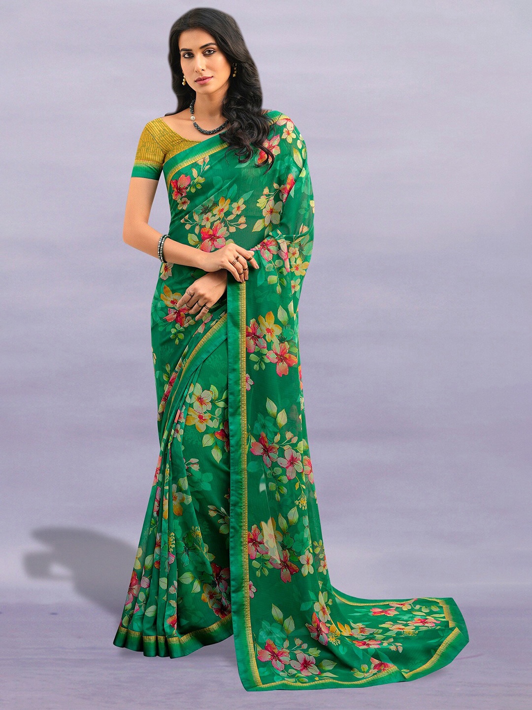

KALINI Floral Printed Pure Georgette Saree, Green