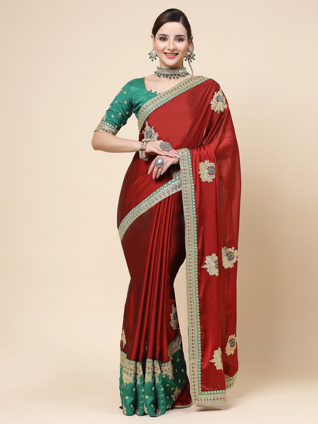 

KALINI Floral Embroidered Pure Silk Saree, Red
