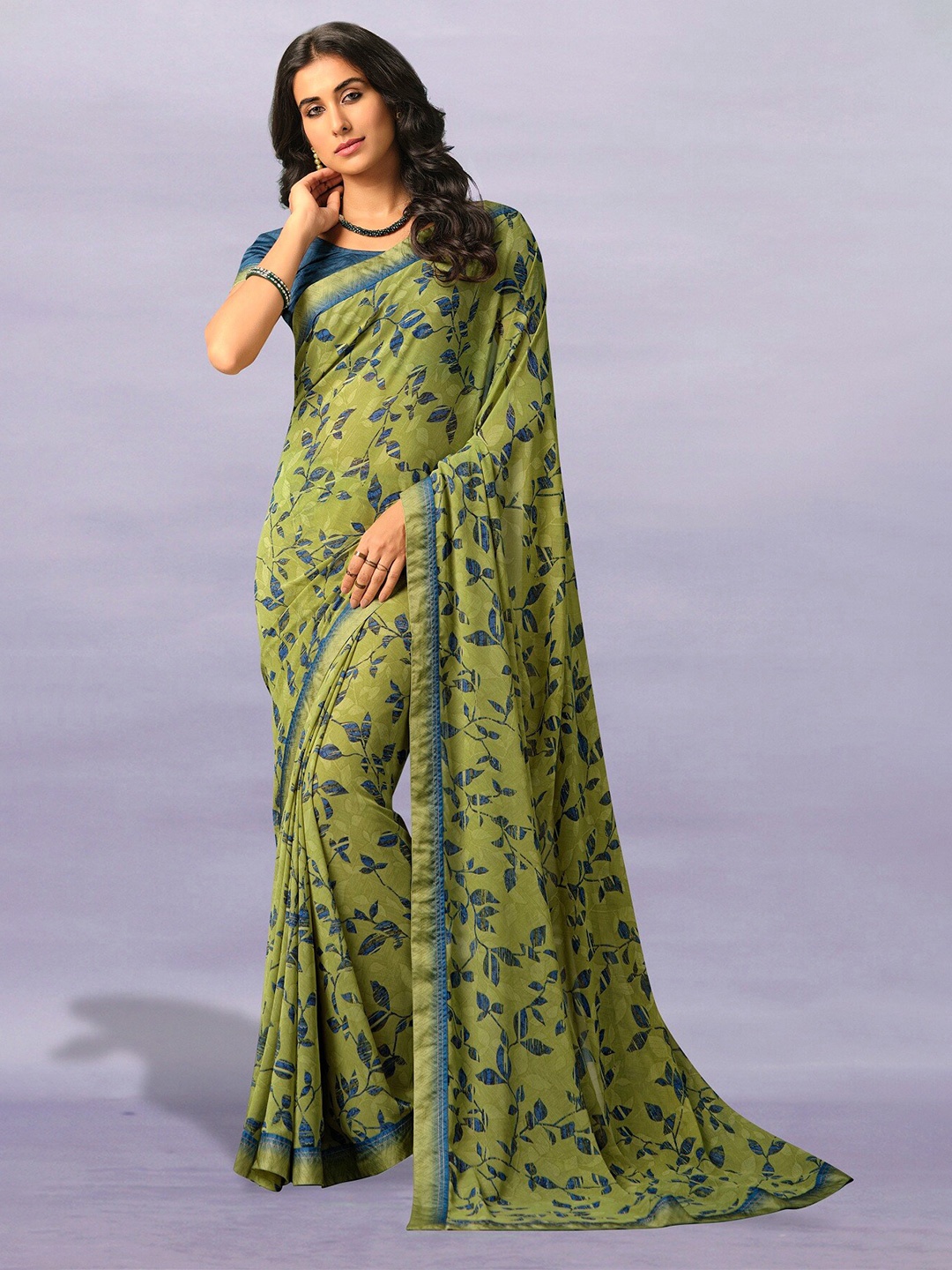 KALINI Floral Printed Pure Georgette Saree, Green