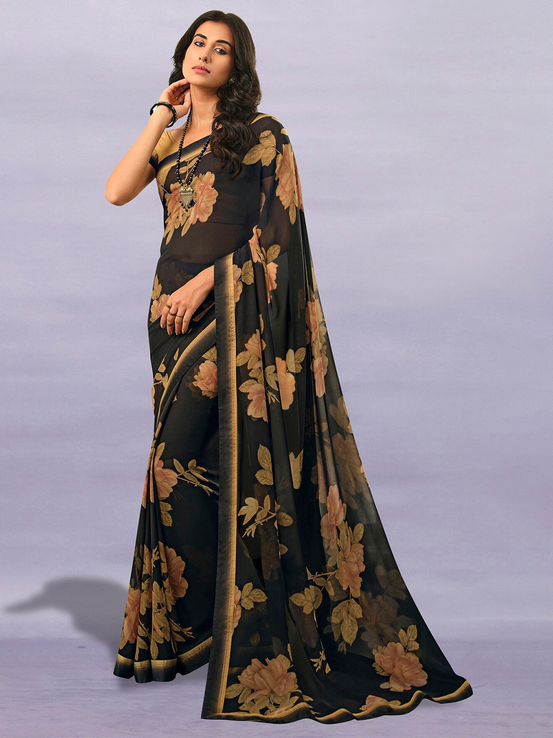 

KALINI Floral Printed Pure Georgette Saree, Black