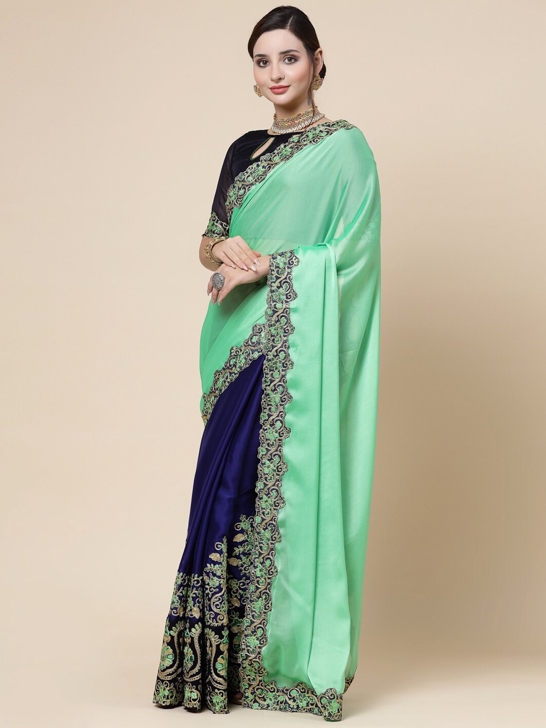 

KALINI Floral Embroidered Pure Silk Saree, Green