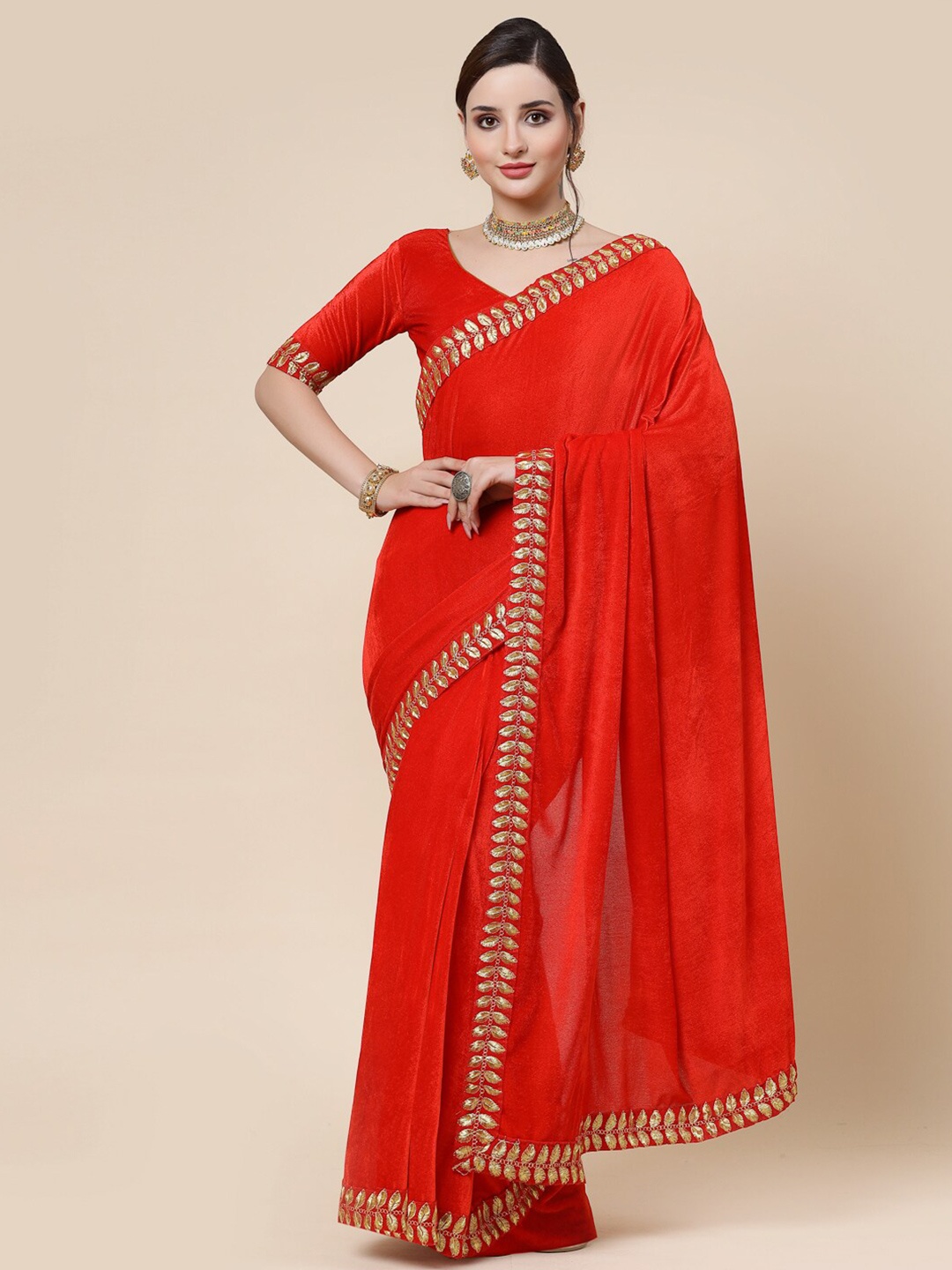 

KALINI Embroidered Velvet Saree, Red