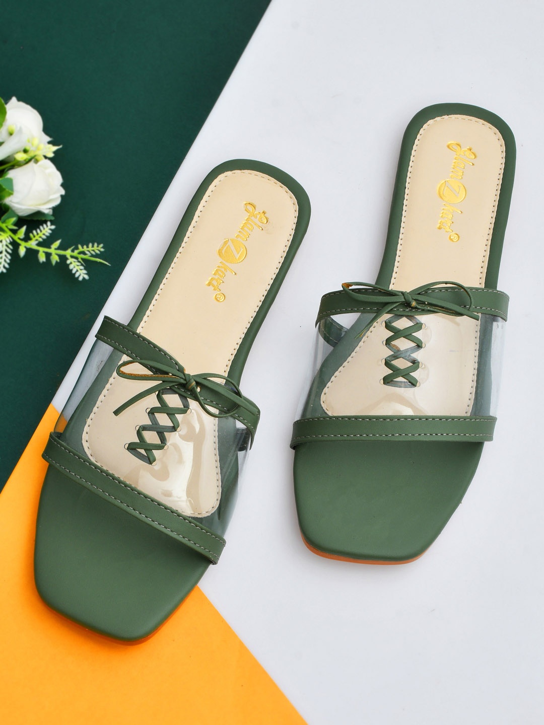 

GLAMZKART Tie Up Detail Open Toe Flats, Green
