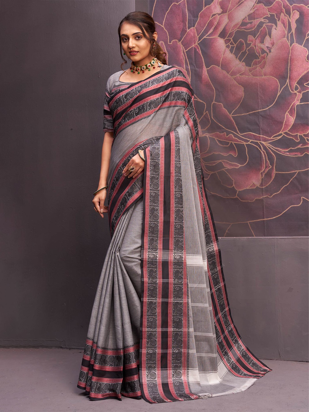 

Unnati Silks Woven Design Pure Cotton Handloom Kanjeevaram Saree, Grey