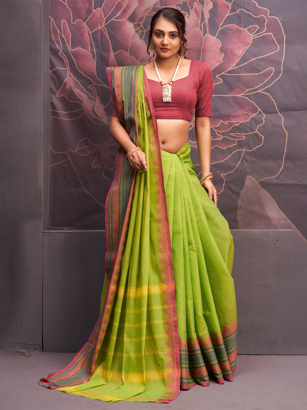 

Unnati Silks Woven Design Pure Cotton Handloom Kanjeevaram Saree, Green